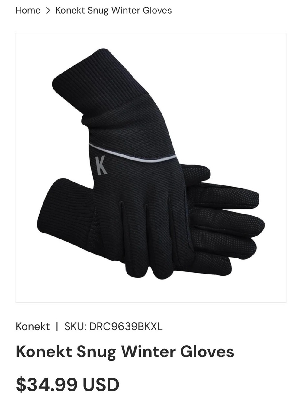 Konekt Equestrian Black Snug Winter Gloves Small